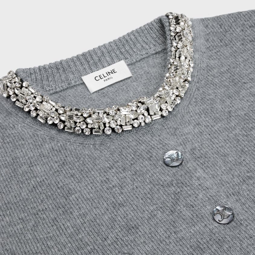 mulheres vestuário CELINE cardigan cropped bordado em caxemira cinza médio T204R769