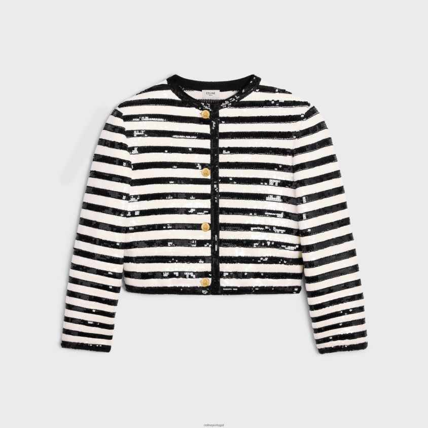 mulheres vestuário CELINE cardigan mariniere bordado em lã cru/preto T204R569