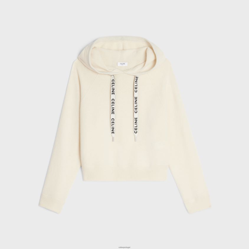 mulheres vestuário CELINE suéter cropped com capuz em lã e caxemira off white T204R610
