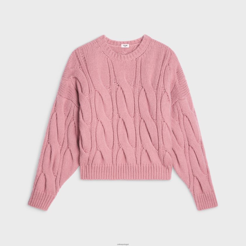 mulheres vestuário CELINE suéter de gola redonda em cashmere tricotado e seda rosa T204R759