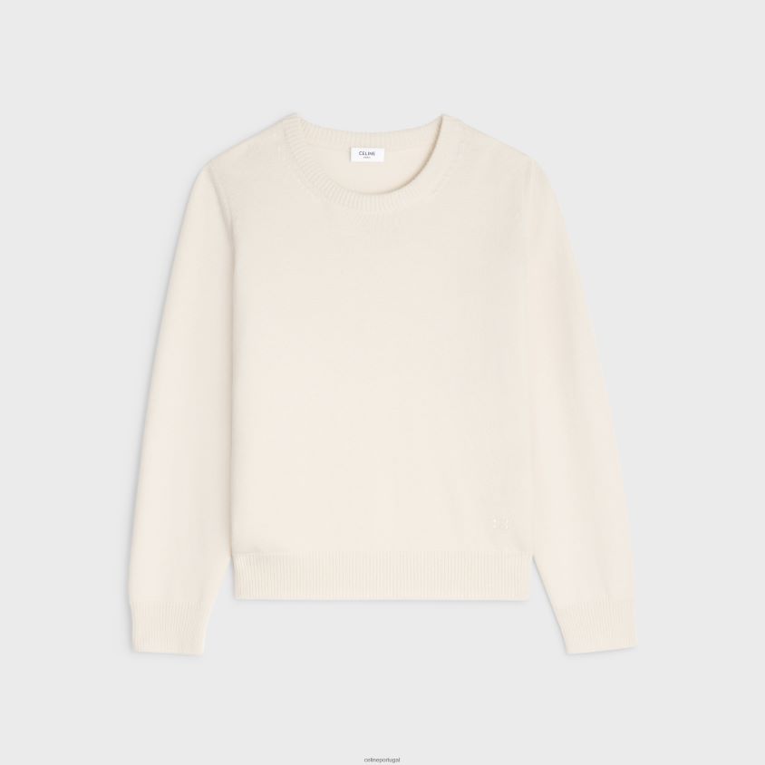 mulheres vestuário CELINE suéter de gola redonda em caxemira tradicional off white T204R755