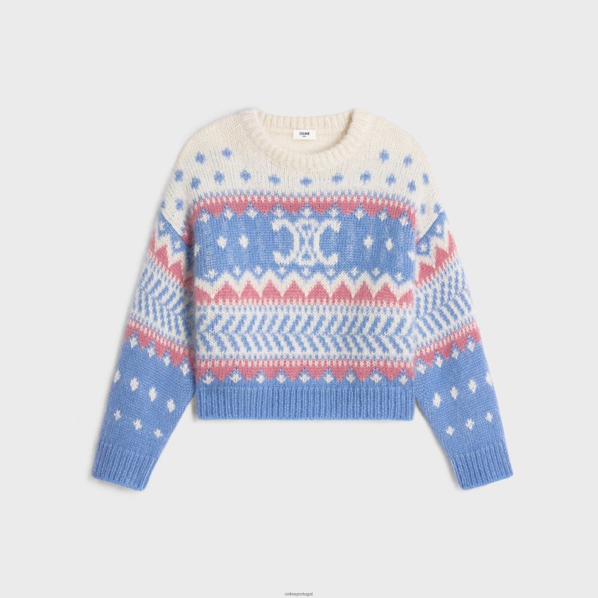 mulheres vestuário CELINE suéter de gola redonda em fair isle mohair e seda azul claro T204R606