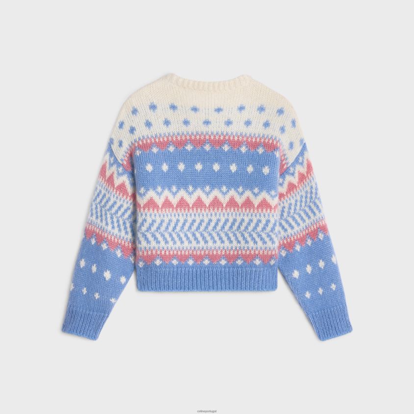 mulheres vestuário CELINE suéter de gola redonda em fair isle mohair e seda azul claro T204R606