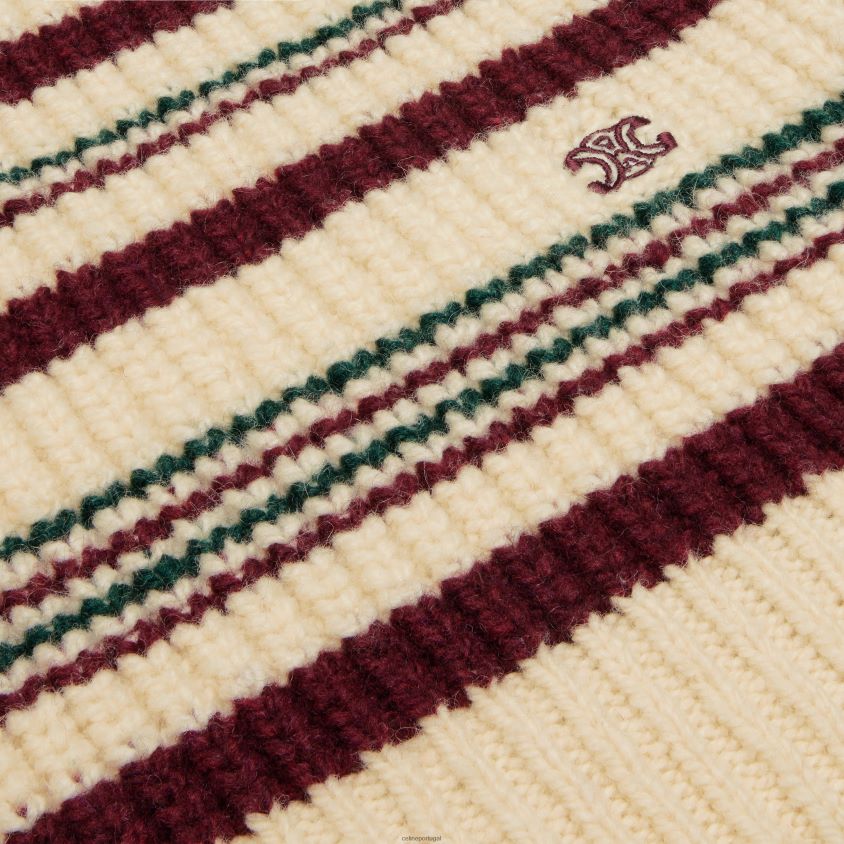 mulheres vestuário CELINE suéter gola redonda em lã canelada listrada off white T204R749