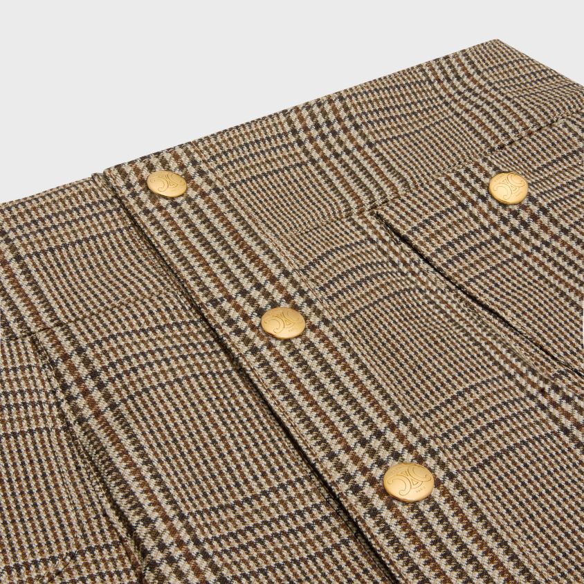 mulheres vestuário CELINE mini saia cai-cai plissada em linho e lã bege/marron/caramelo T204R557