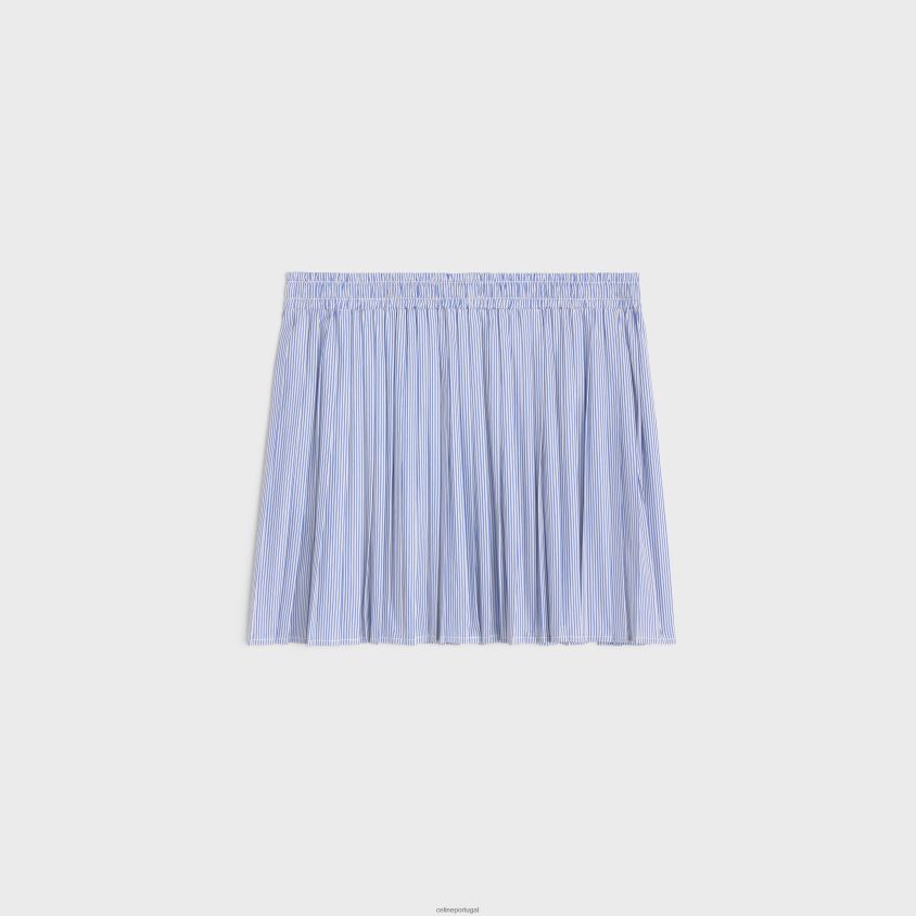 mulheres vestuário CELINE saia de pijama plissada em algodão listrado branco/marinho T204R826