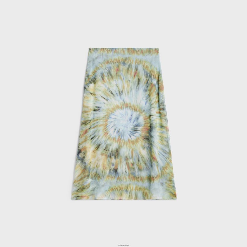 mulheres vestuário CELINE saia midi em georgette de seda grunge azul/terracota/cáqui T204R586