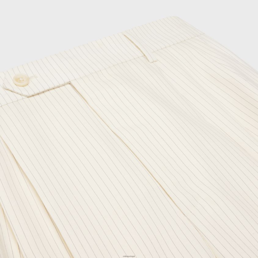 mulheres vestuário CELINE shorts com pregas triplas em lã listrada marfim/noir T204R878