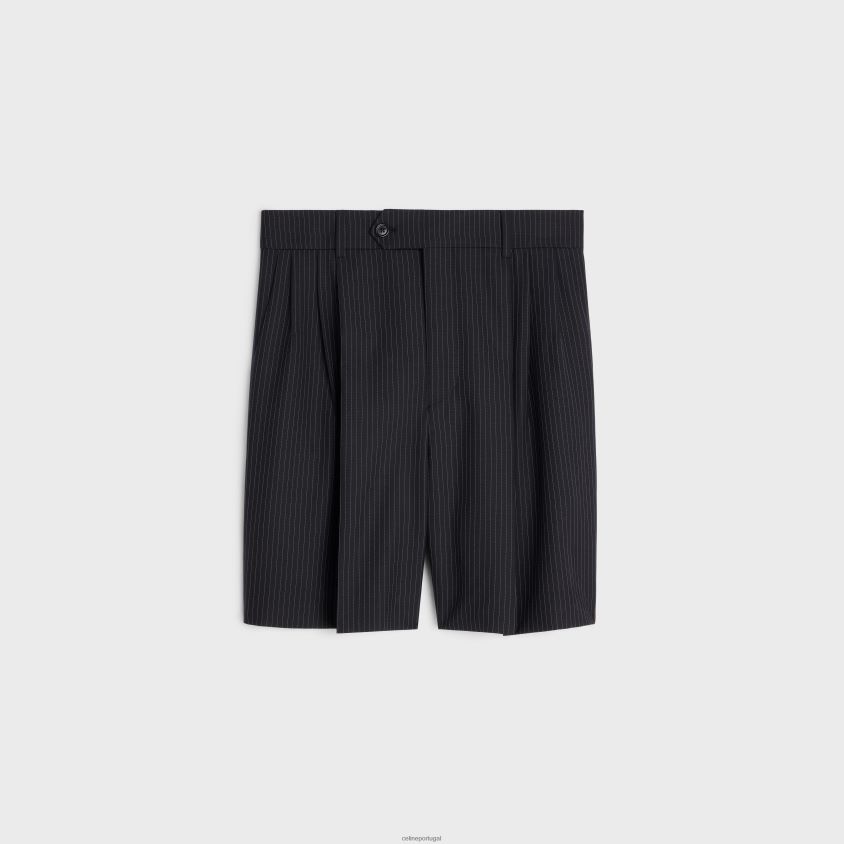 mulheres vestuário CELINE shorts com pregas triplas em lã listrada noir/craie T204R877