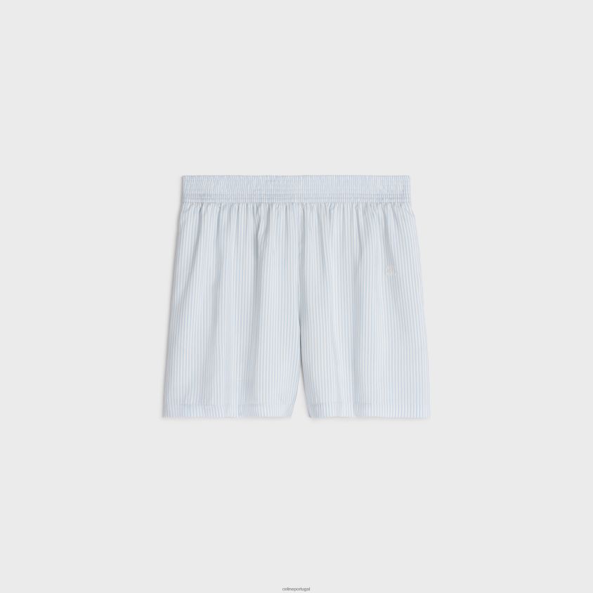 mulheres vestuário CELINE shorts de pijama em seda listrada branco/azul celeste T204R887