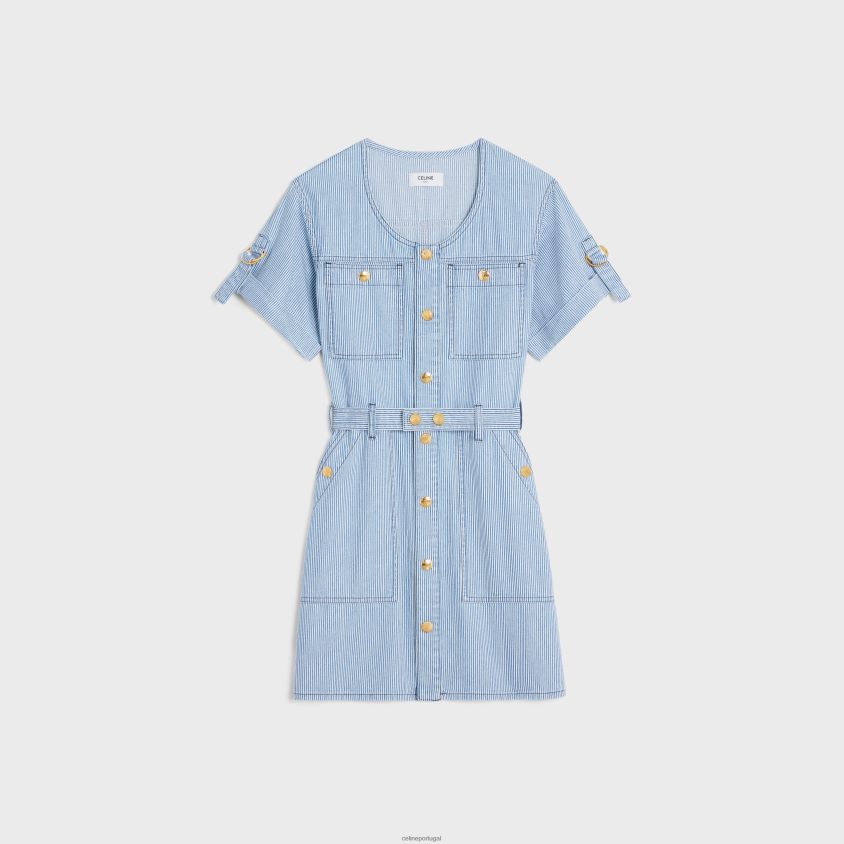 mulheres vestuário CELINE mini vestido militar em algodão nogueira lavagem de ondas T204R801