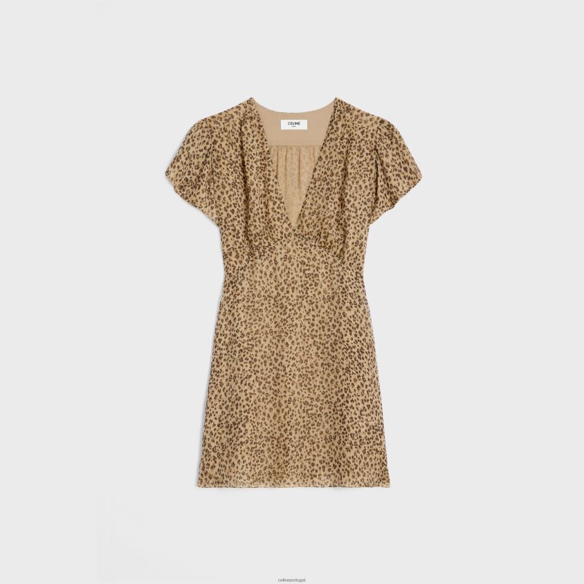 mulheres vestuário CELINE minivestido babydoll em musselina de seda baunilha/marrom T204R655