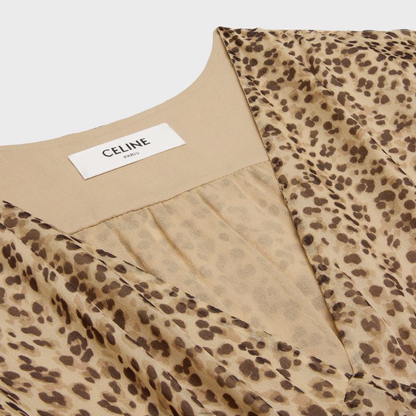 mulheres vestuário CELINE minivestido babydoll em musselina de seda baunilha/marrom T204R655
