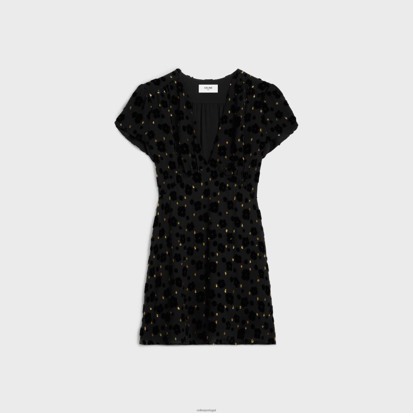 mulheres vestuário CELINE minivestido babydoll em veludo fil coupe preto T204R654