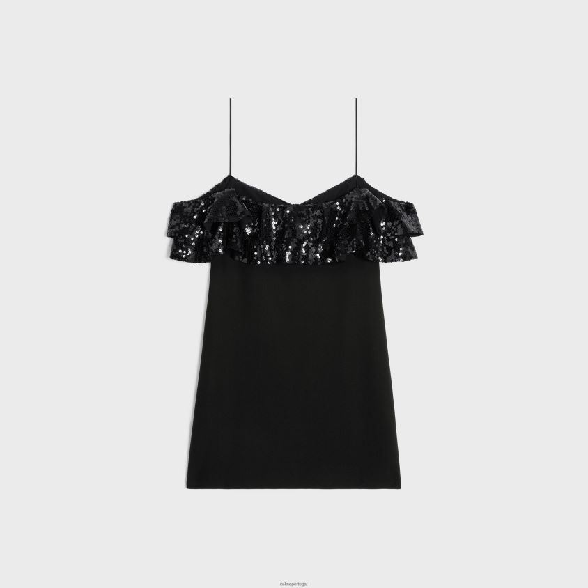 mulheres vestuário CELINE minivestido com babados bordados em zibelina de lã preto T204R658