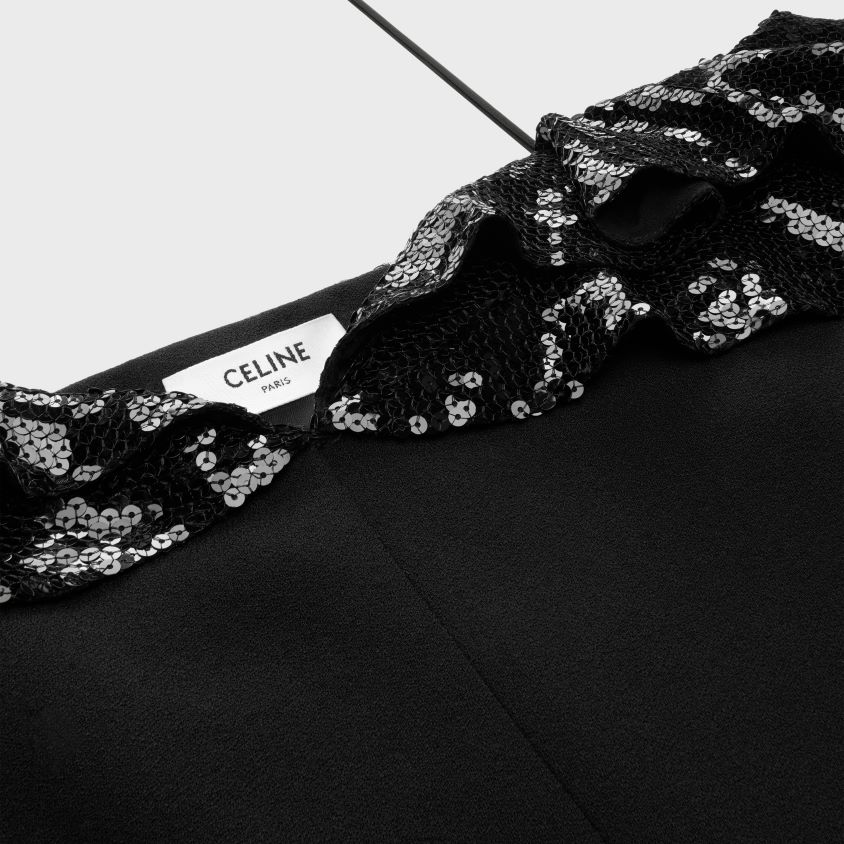 mulheres vestuário CELINE minivestido com babados bordados em zibelina de lã preto T204R658