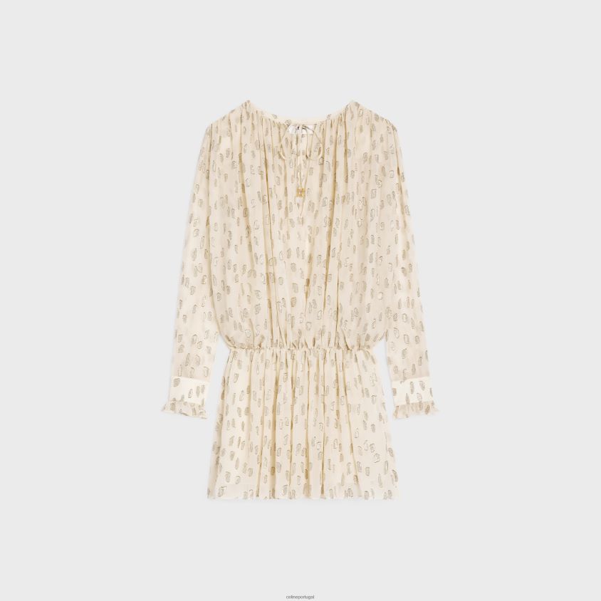 mulheres vestuário CELINE minivestido franzido em fil coupe seda lame baunilha T204R796