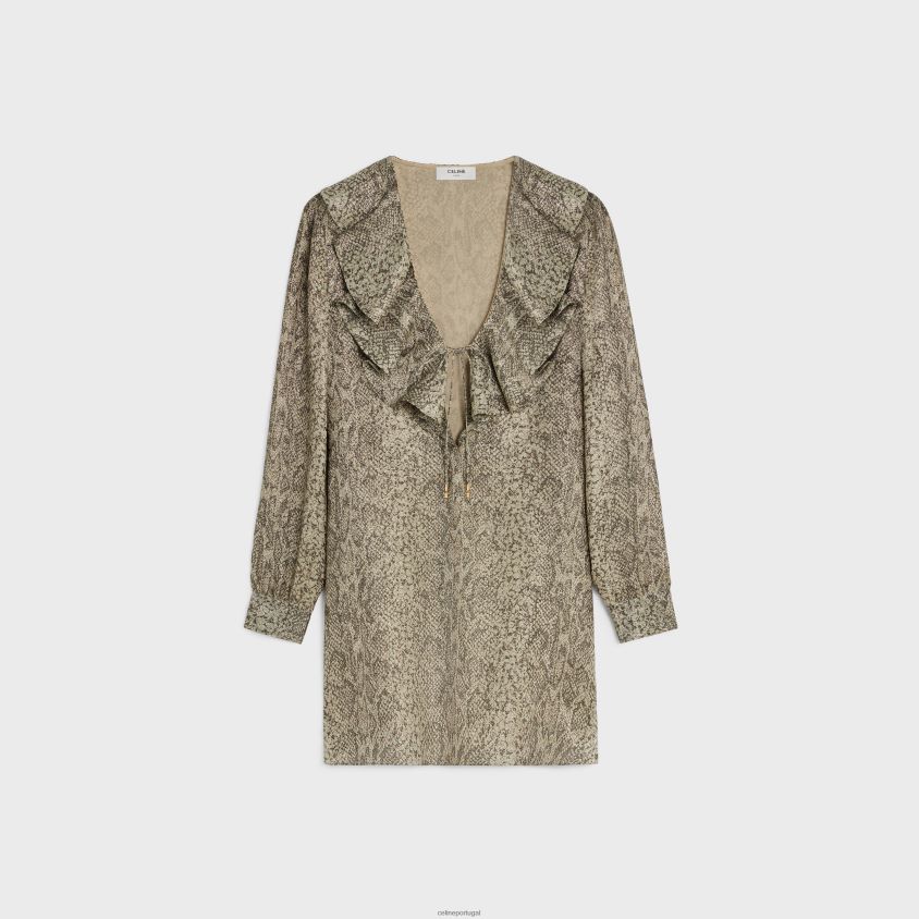 mulheres vestuário CELINE minivestido jabot em crepe coxo bege/marrom T204R653