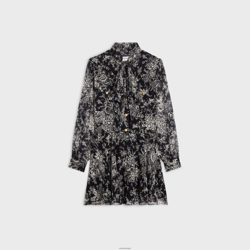 mulheres vestuário CELINE minivestido lavalliere em georgette de seda noir/craie T204R789