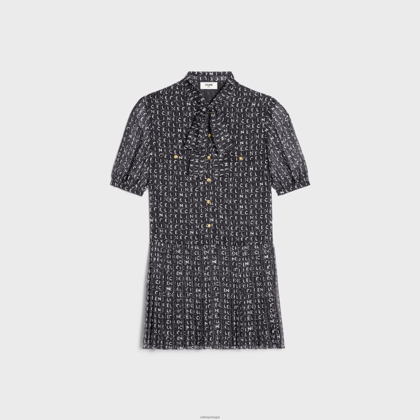 mulheres vestuário CELINE minivestido lavalliere em georgette de seda preto/marfim T204R790