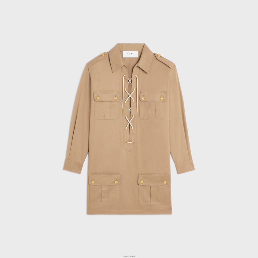 mulheres vestuário CELINE minivestido saharienne em linho de algodão cordão T204R797