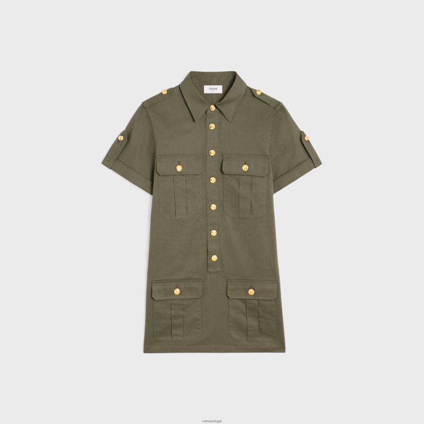 mulheres vestuário CELINE vestido camiseta com bolsos militares em sarja leve caqui T204R800