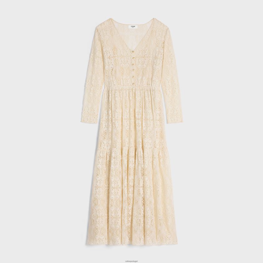 mulheres vestuário CELINE vestido longo em malha de algodão Craie T204R584